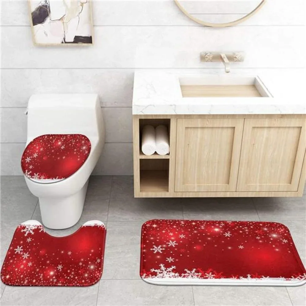 4 Pcs Shower Curtain Christmas Snowflake Red Winter |  Bath Mat Bathroom Decor
